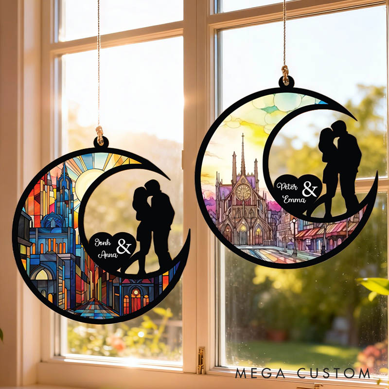 Personalized Couple Kissing Silhouette Love To The Moon and Back Suncatcher Custom Moon Shaped Window Decor Anniversary Gift Valentines Day Gift