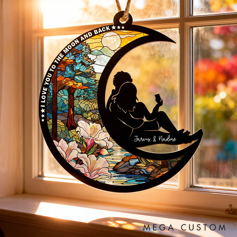 Personalized Couple Silhouette From Our First Kiss Till Our Last Breath Suncatcher Moon Shaped Window Decor Anniversary Gift Valentines Day Gift
