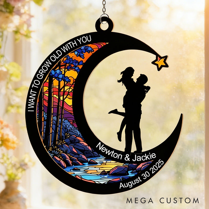Personalized Couple Silhouette You and Me Always and Forever Suncatcher Custom Moon Shaped Night Sky Window Decor Anniversary Gift Valentines Day Gift