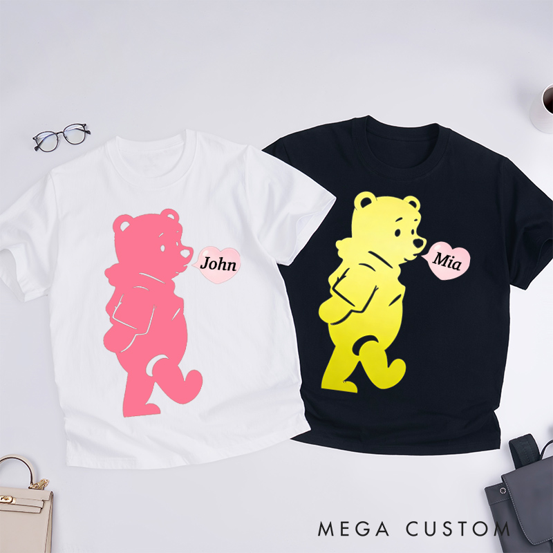 Personalized Pink Bear Heart Bubbles Shirt Classic T-Shirts Valentine's Day Tshirt for Couple Lover