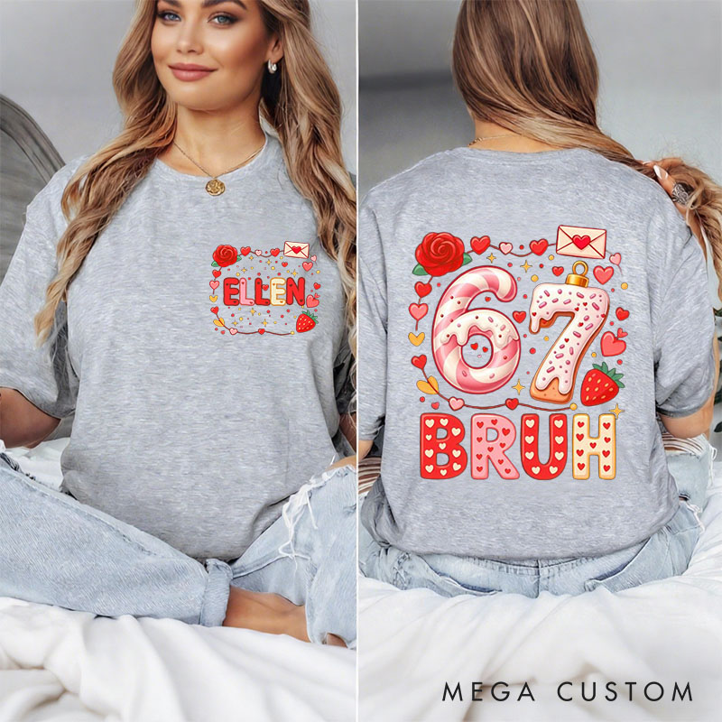 Personalized Girlfriend Wife 67 BRUH Sweet Heart Sweatshirt with Name Couple Coquette 6 7 Number Meme Matching Valentines Day Sweatshirt for Him Her