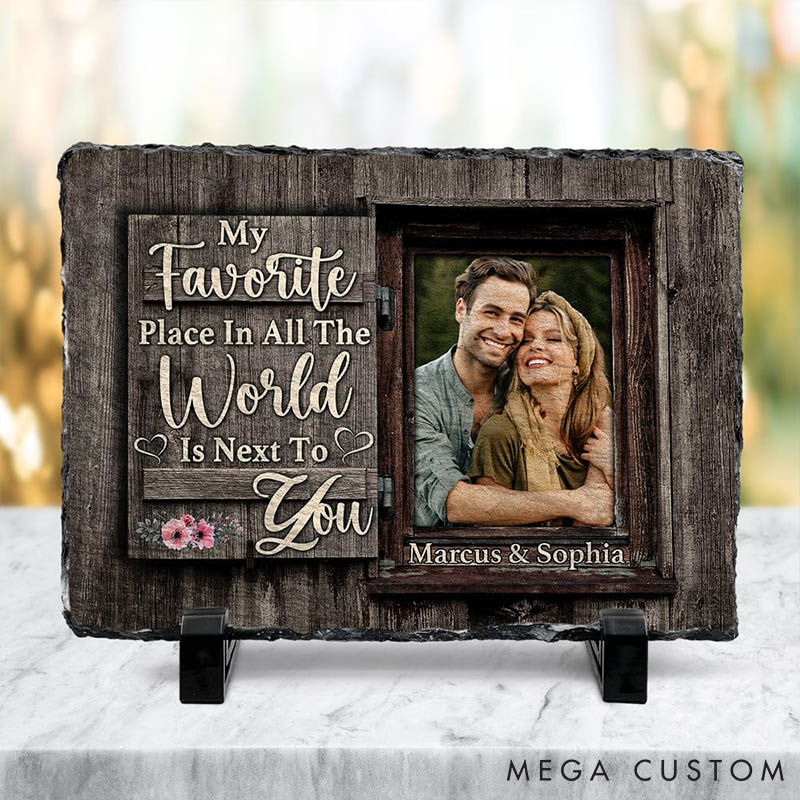 Personalized Couple Photo My Favorite Place in All the World is Next To You Rectangle Shaped Stone with Stand Anniversary Gift Valentines Day Gift