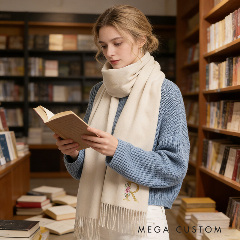 Personalized Initial Scarf Custom Floral Letter Shawl Gift for Women Solid Color Winter Wrap Gifts