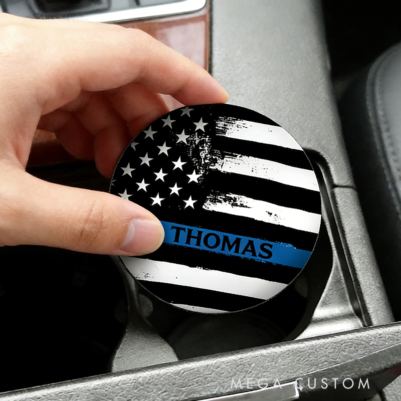 Personalized Custom Police Thin Blue Line Car Coasters – Personalized American Flag Auto Cup Holders (Set of 2)