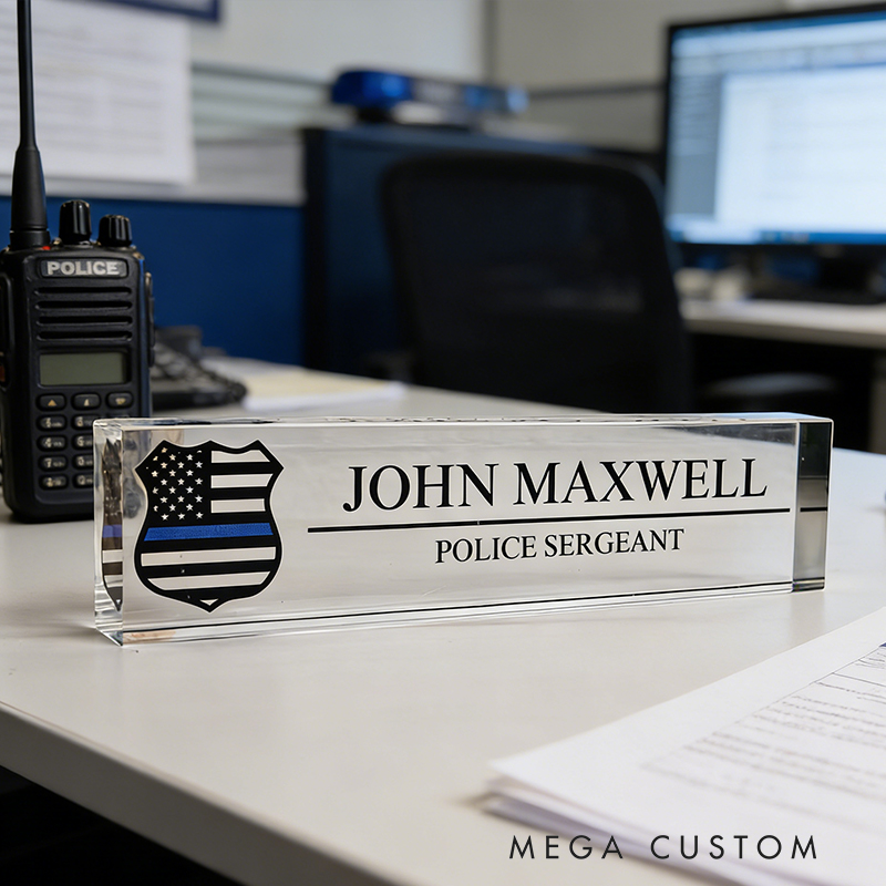 Personalized Custom Police Thin Blue Line Acrylic Desk Nameplate – Personalized Police Sergeant Office Plaque