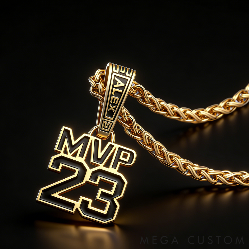 Custom Name and MVP Number Pendant Necklace – Personalized Sports-Themed Jewelry with Bold Chain Design