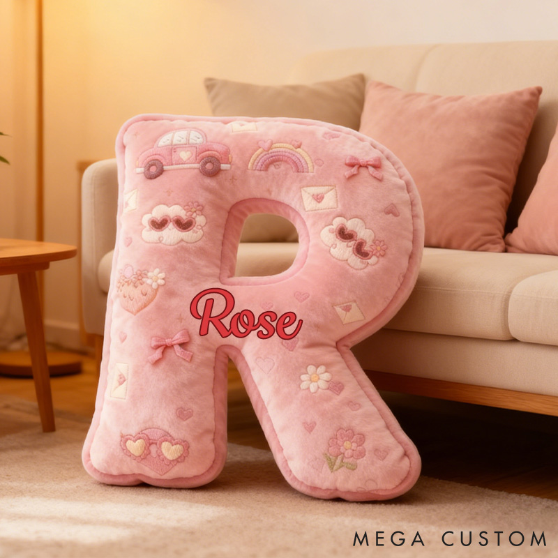 Personalized Pink Love-Themed Initial Pillow Custom Heart Car Love Letter Pillow for Her Home Decor Throw Pillow for Flower Girl