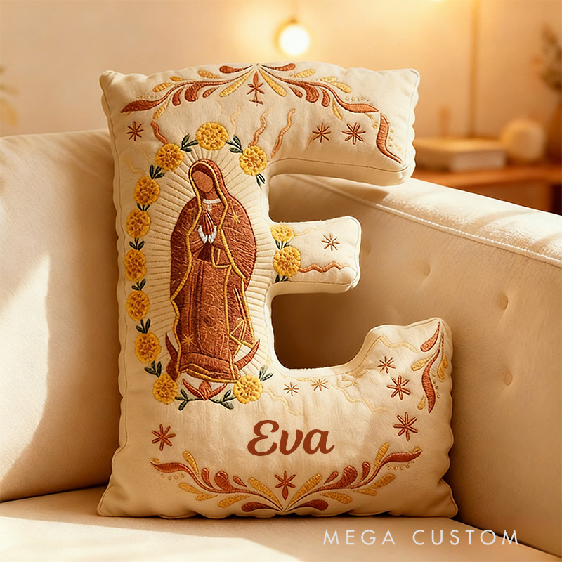 Personalized Our Lady of Guadalupe Marigold Letter Pillow with Custom Name Home Decor Religious Gift Catholic Gift for Women Graphic 3D Print