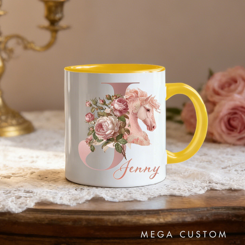 Personalized Initials 26 Letter Equestrian Mug Pink Flowers Horse Coffee Gift for Riding Lovers Equestrian Lovers