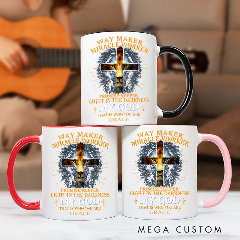 Personalized Cross Lion Bible Verse Inner Color Ceramic Mug with Name Birthday Religious Inspirational Gift for Christian