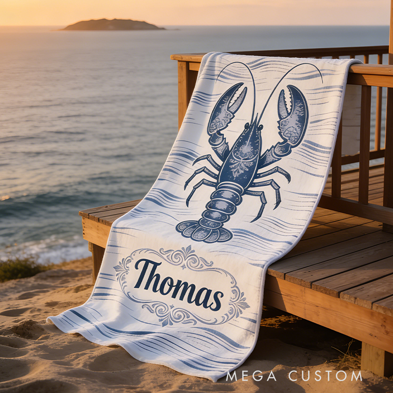 Personalized Custom Ocean Animal Beach Towel - Personalized lobster Monogrammed Beach Towel for Kids & Adults, Quick-Dry Beach Pool Towel with Coastal Wave Design