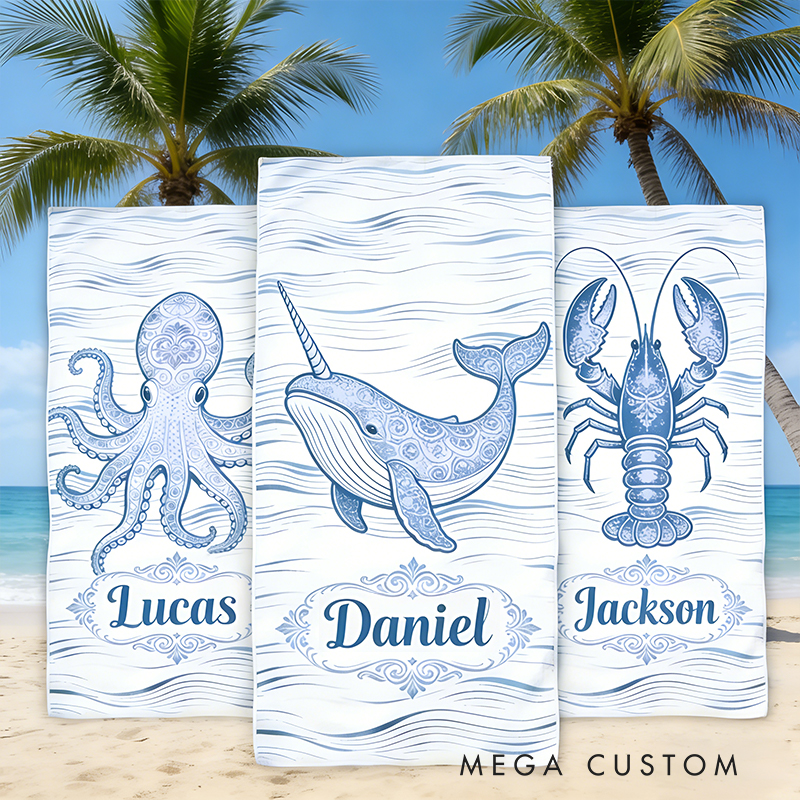 Personalized Custom Ocean Animal Beach Towel - Personalized whale Monogrammed Beach Towel for Kids & Adults, Quick-Dry Beach Pool Towel with Coastal Wave Design