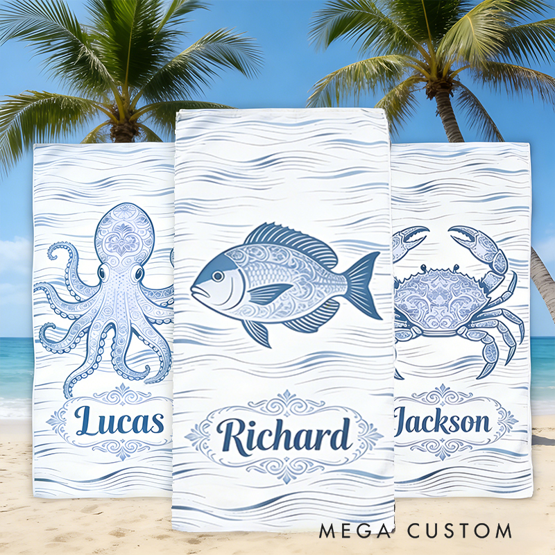 Personalized Custom Fish Design Beach Towel - Personalized Monogrammed Coastal Wave Beach Towel, Quick-Dry Absorbent Pool Towel for Summer