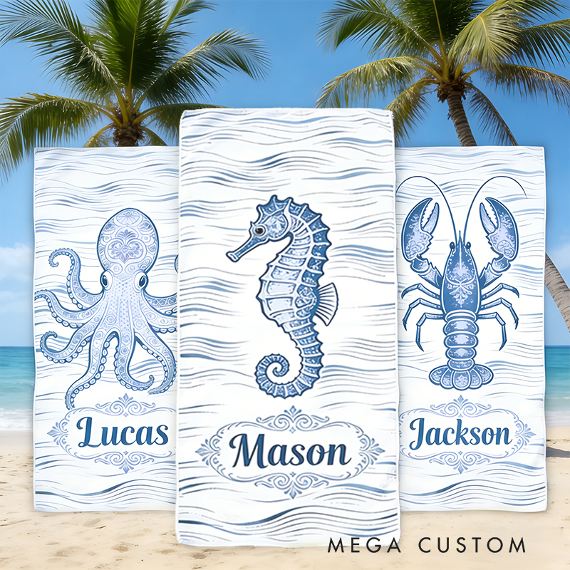 Personalized Custom Seahorse Beach Towel - Personalized Monogrammed Coastal Wave Towel, Quick-Dry Absorbent Pool/Beach Towel
