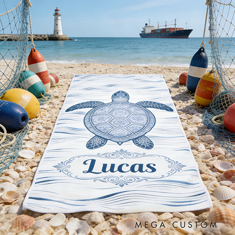 Personalized Custom Ocean Animal Beach Towel - Personalized sea ​​turtle Monogrammed Beach Towel for Kids & Adults, Quick-Dry Beach Pool Towel with Coastal Wave Design