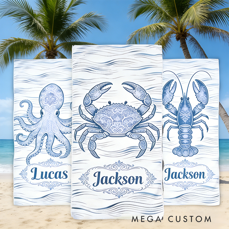 Personalized Custom Ocean Animal Beach Towel - Personalized Crab Monogrammed Beach Towel for Kids & Adults, Quick-Dry Beach Pool Towel with Coastal Wave Design