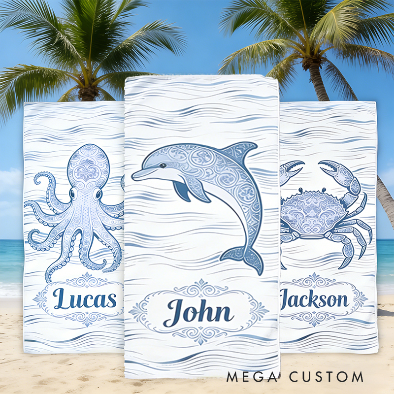 Personalized Custom Ocean Animal Beach Towel - Personalized dolphin Monogrammed Beach Towel for Kids & Adults, Quick-Dry Beach Pool Towel with Coastal Wave Design