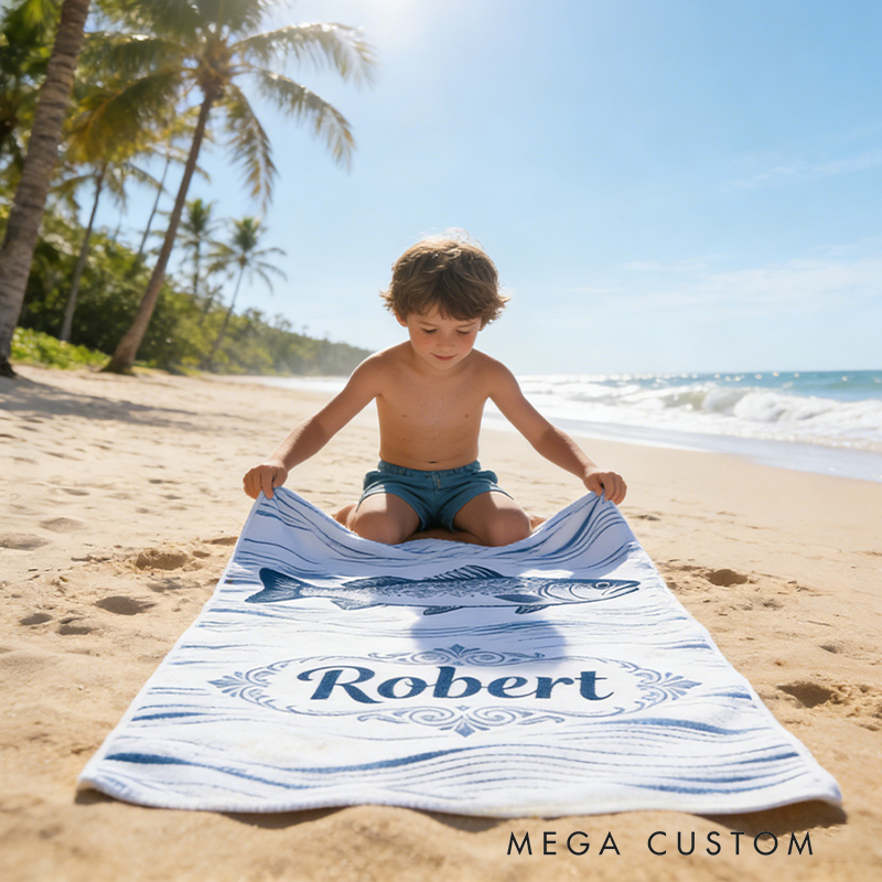 Personalized Custom Ocean Animal Beach Towel - Personalized Striped Bass Monogrammed Beach Towel for Kids & Adults, Quick-Dry Beach Pool Towel with Coastal Wave Design