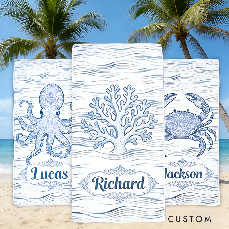 Personalized Custom Ocean Animal Beach Towel - Personalized coral  Monogrammed Beach Towel for Kids & Adults, Quick-Dry Beach Pool Towel with Coastal Wave Design