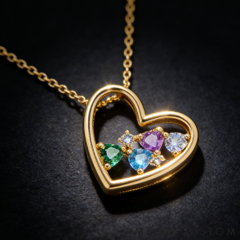 Personalized Sterling Silver Heart Holding Hearts Customizable Family Birthstone Colors and Counts Necklace