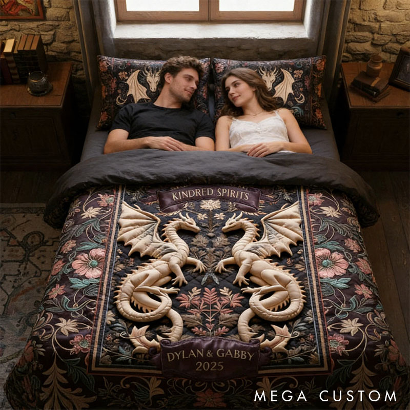Personalized Couple Folk Medieval Dragon Bed Set Custom Kindred Spirits Graphic 3D Printed Bedding Decor with Name Anniversary Valentines Day Gift