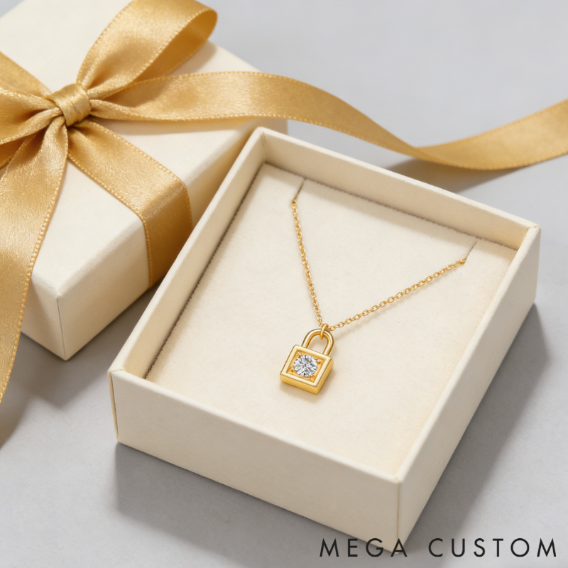 Personalized sterling silver lock necklace – customizable with engraving and a birthstone pendant.