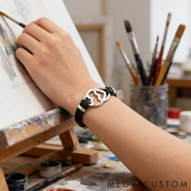 Personalized Stainless Steel Heart in Heart Leather Couple Bracelets with Custom Names for Lovers