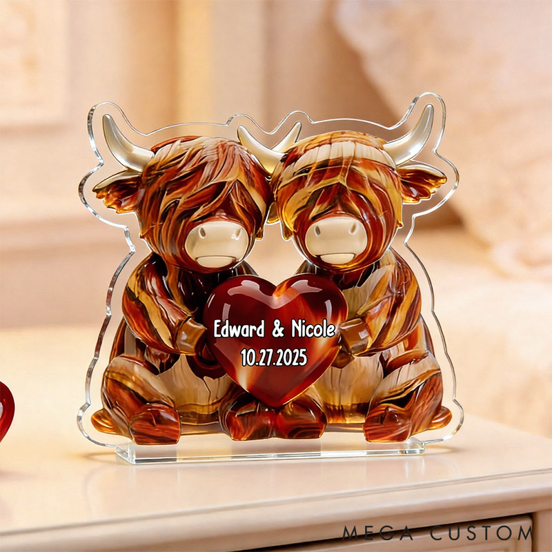 Personalized Highland Cow Couple with Heart Acrylic Plaque Custom Faux Wood Plaque with Name Anniversary Gift for Him Her Valentines Day Gift