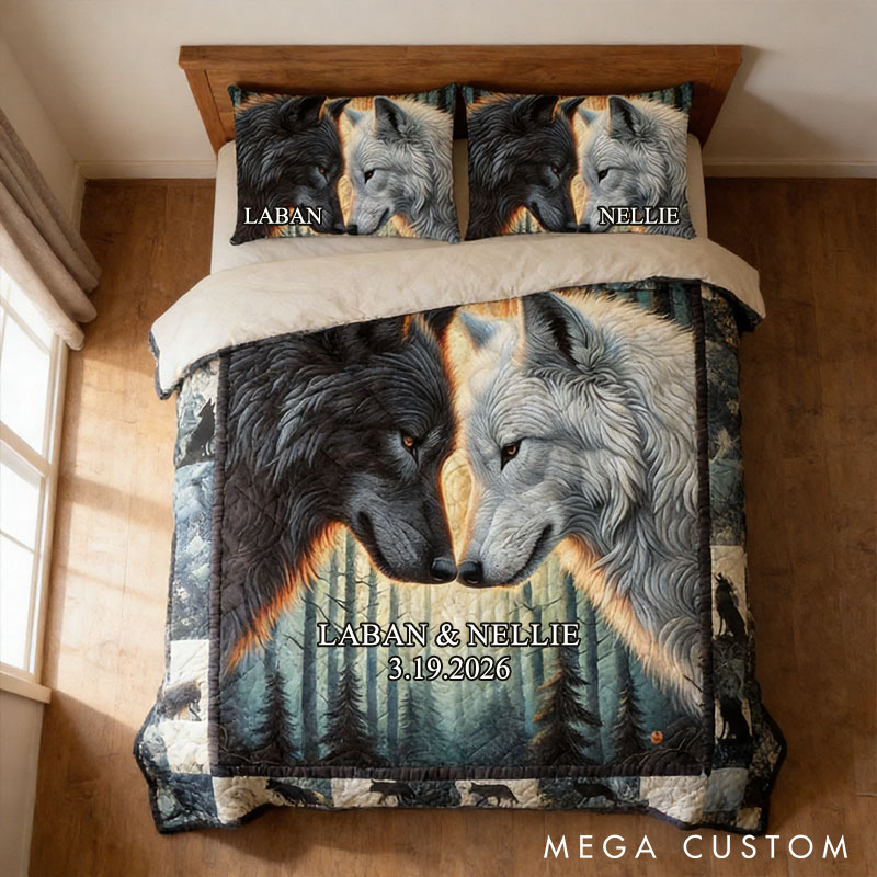 Personalized Couple Wolf Bed Set Custom Forest Moon Wolf Couple Graphic 3D Printed Bedding Decor with Name Anniversary Valentines Day Gift for Her Him