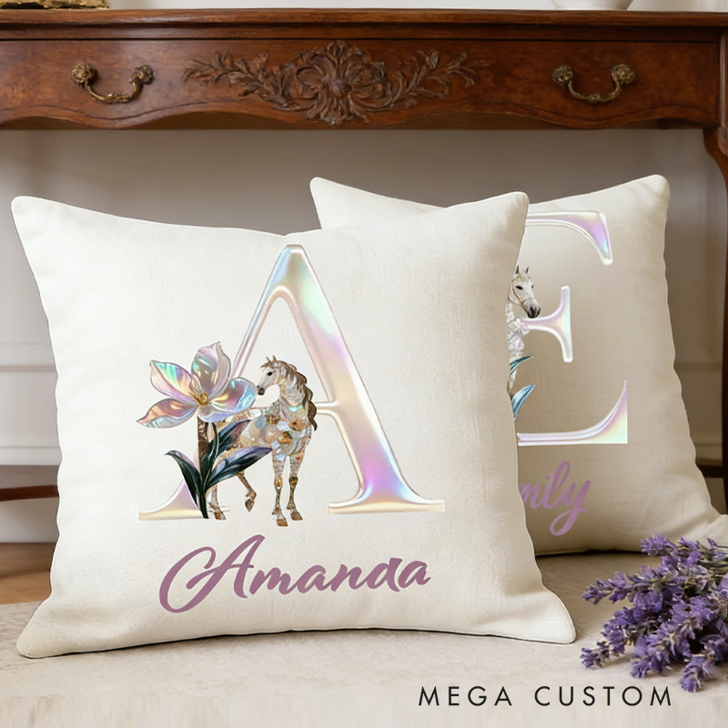 Personalized Horse Riding Birth Flower Initial Throw Pillow Cover with Name Home Decor Birthday Anniversary Gift for Horse Owner Lover Riding Lovers Equestrian Lovers