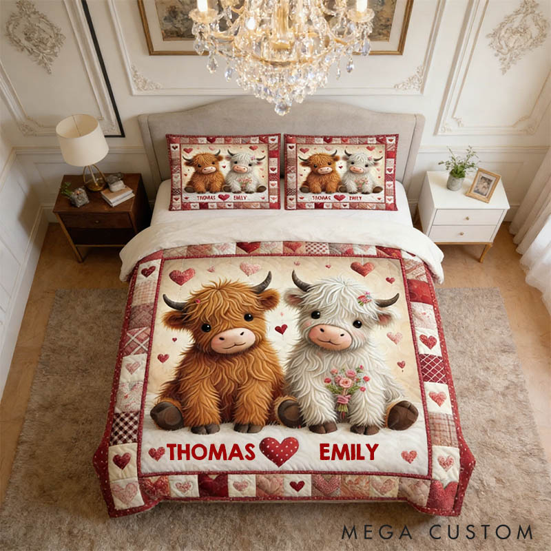 Personalized Couple Highland Cow Bed Set Custom Couple Valentines Day Graphic 3D Printed Bedding Decor with Name Anniversary Gift for Her Him