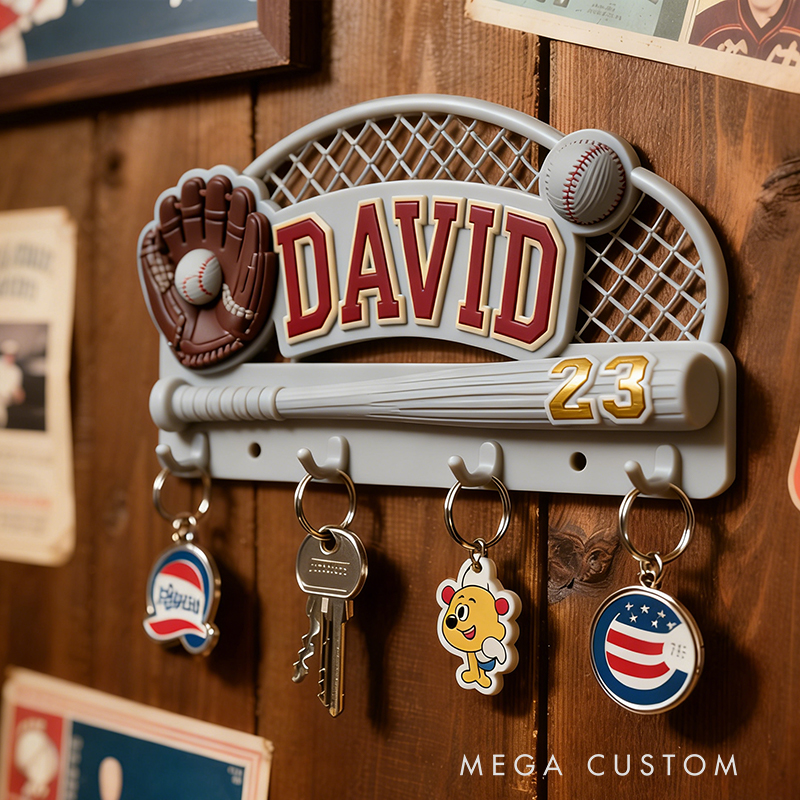 Personalized Custom Baseball Theme Key Holder - 3D Printed Personalized Name & Number Hook Rack, Sports Decor for Kids’ Room, Baseball Fan Gift 