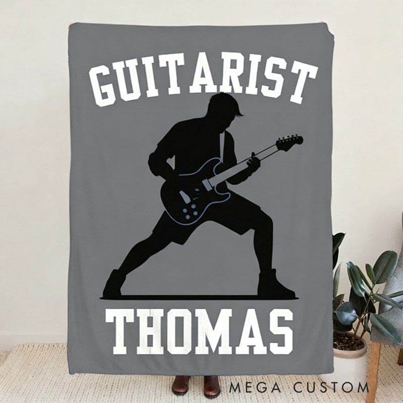 Personalized Silhouette Guitarist Soft Throw Blanket with Name Perfect for Guitar Lovers Music Enthusiasts Birthday Anniversary Performance Gifts