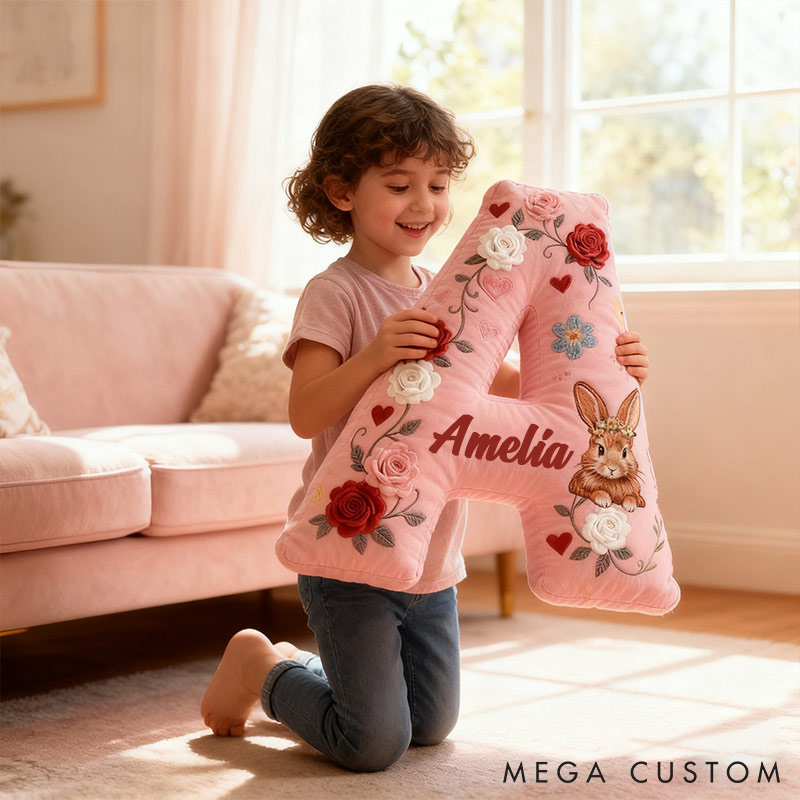 Personalized Girl friend Rose Pink 3D Printed Rabbit Pillow Custom Name Cushion Valentine's Gift for Her Christmas Gift for Flower girl