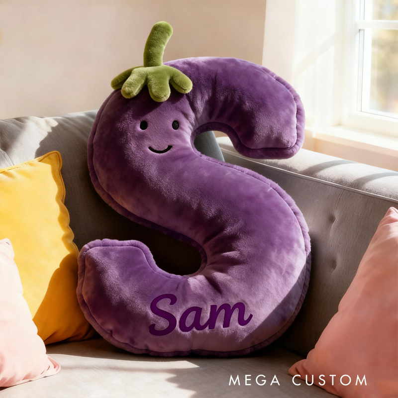Personalized Eggplant Letter Name Custom Kids Gift Funny Purple Vegetable Soft Cute Decorative Graphic 3D Print Pillow Funny Gift for Kids Family
