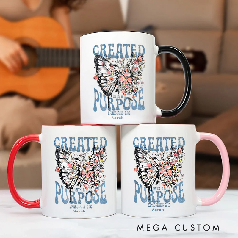 Personalized Created With a Purpose Bible Verse Christian Inner Color Ceramic Mug with Name Religious Gift Birthday Gift for Christian