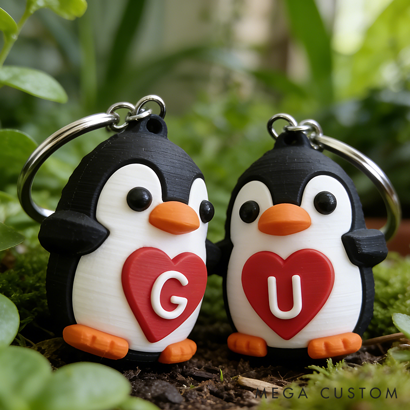 Personalized 3D Printed Penguin Couple Keychain Valentines Day for Couple Gift for Her