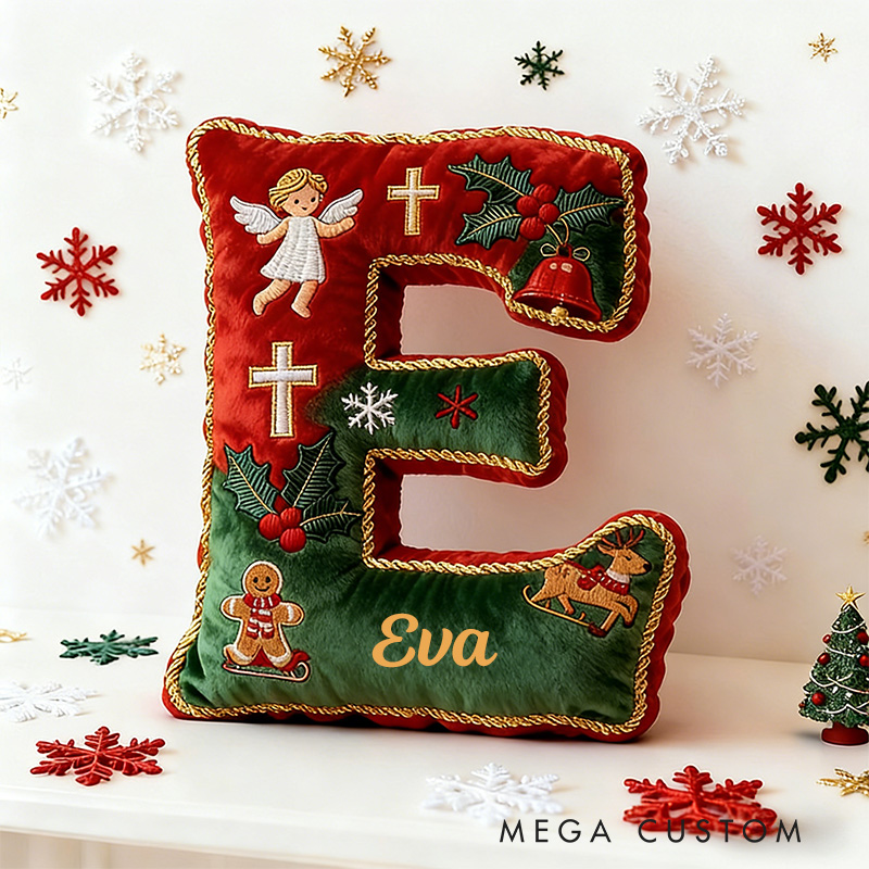 Personalized Christmas Letter Pillow with Custom Name Christmas Tree Angel Cross Bell Reindeer Festive Home Decor Graphic 3D Print Christian Gift