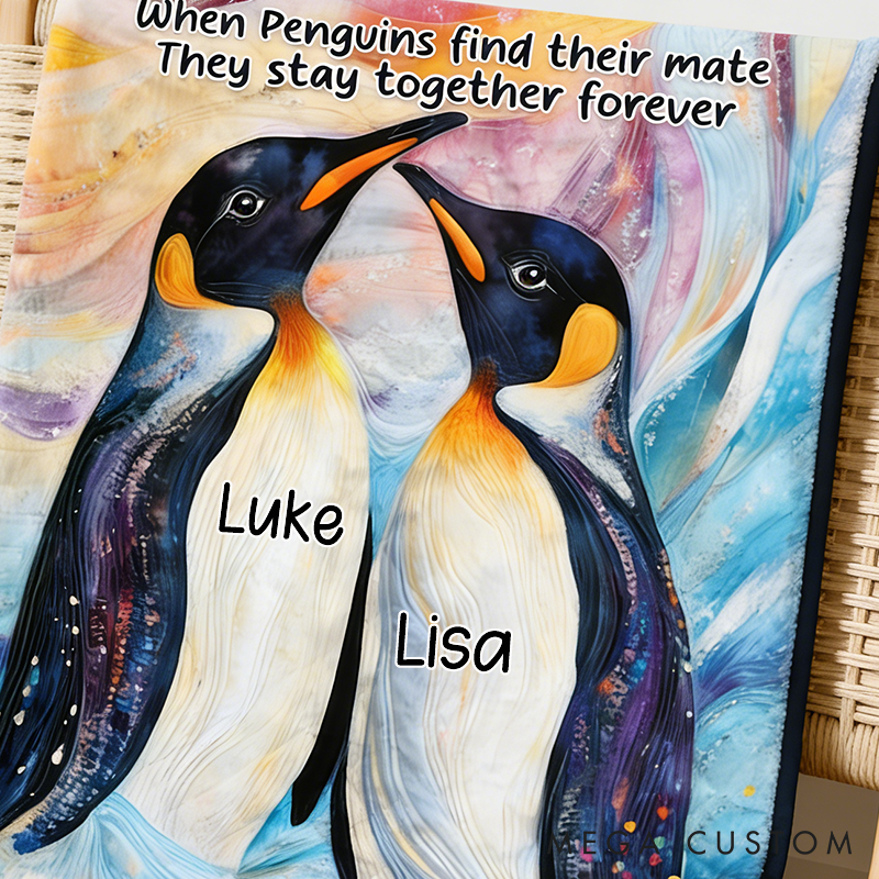 Personalized Penguin Couple Throw Blanket Custom Names Cozy Gifts for Couple for Wife Husband Valentine's Gifts for Girlfriend Boyfriend