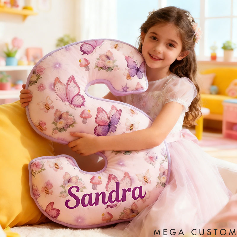 Personalized Flower Girl Purple Floral Butterfly Mushroom 26 Letters Pillow Girl friend Name Graphic 3D Printed Cushion Valentine's Day Gift for Her