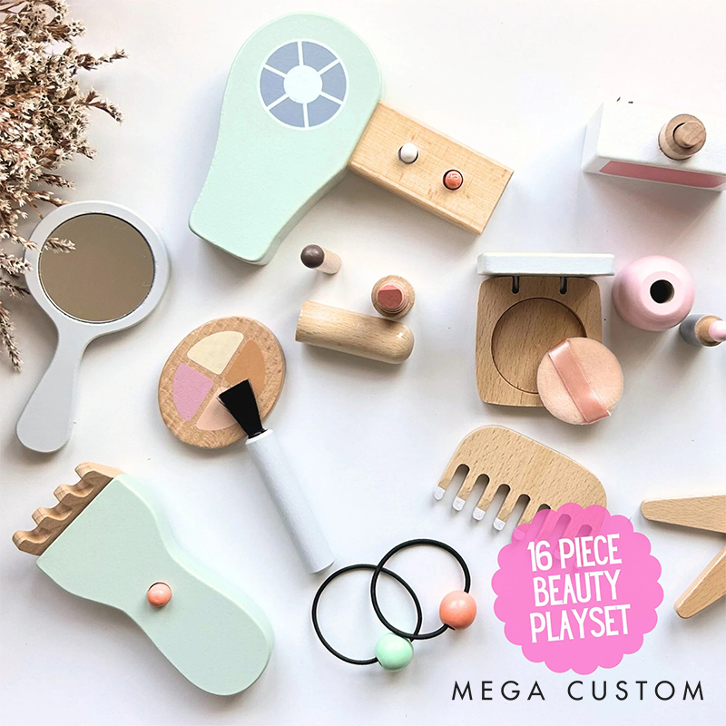 Personalized Wooden Kids Barber Role-Play Toy Set 16-Piece Pretend Salon Toy Customizable Name Gift for Babies & Toddlers