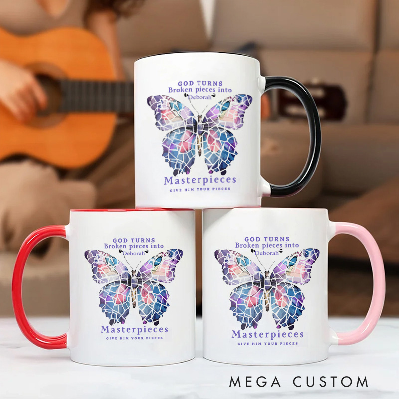 Personalized God Turns Broken Pieces Into Bible Verse Inner Color Ceramic Mug with Name Birthday Religious Inspirational Gift for Christian