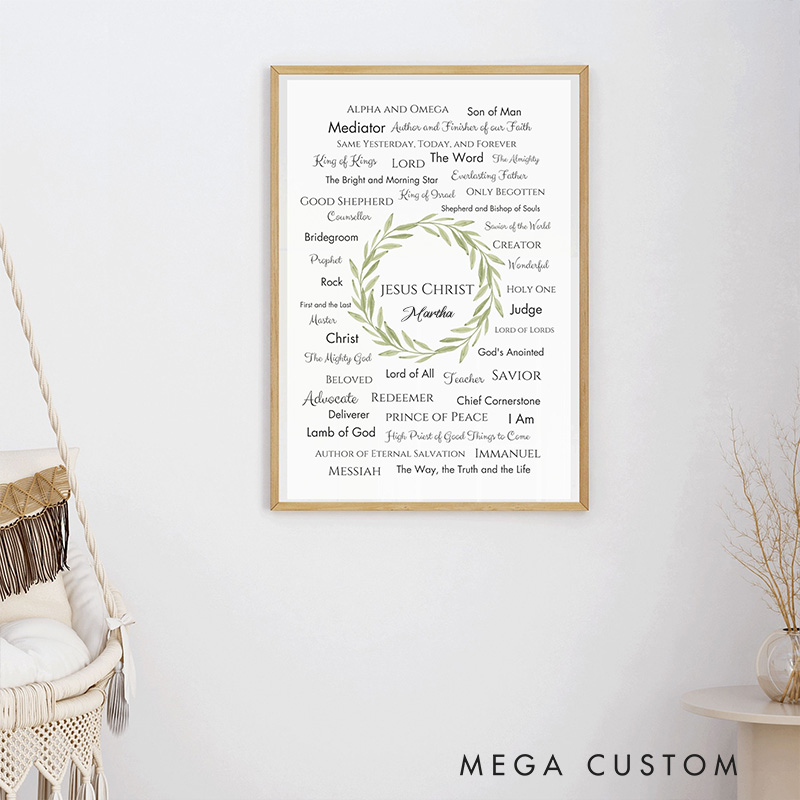 Personalized Jesus Christ Bible Names of God Frameless Poster with Custom Name Names of Jesus Wall Decor Religious Gift for Christians
