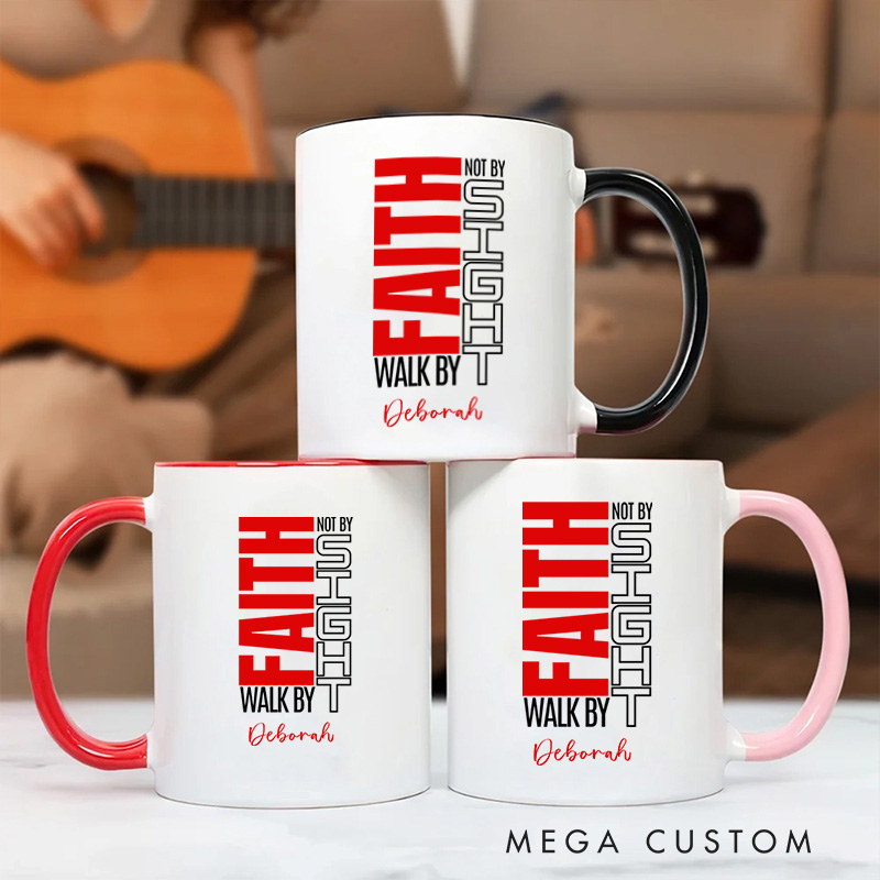 Personalized Christian Walk By Faith Not by Sight Ceramic Coffee Mug with Name Birthday Religious Baptism Gift for Family Friends Christians