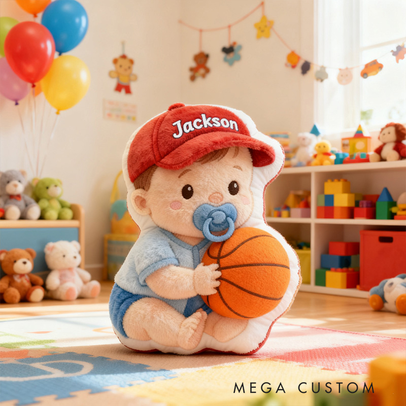 Personalized Baby Boy Name Custom Kids Gift Cute Red Hat Balls Blue Outfit Soft Playful Decorative Graphic 3D Print Pillow