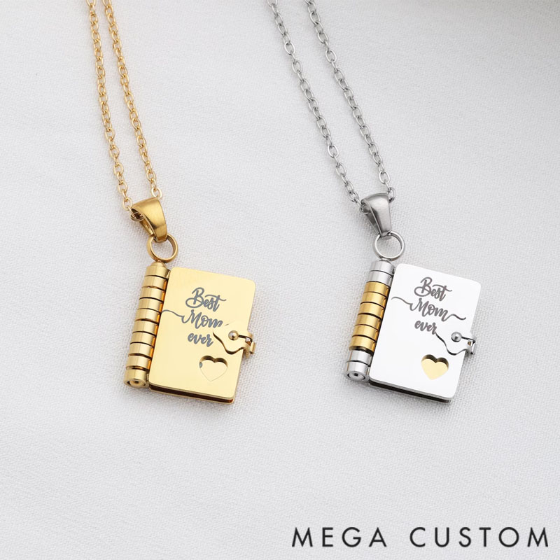 Personalized "Best Mom" ​​Book Necklace - Mini Message Pendant Adjustable Chain Gift for Mom