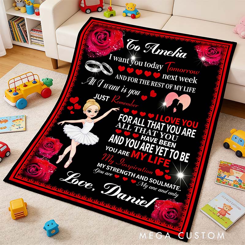 Personalized Rose Heart Cartoon Character Soft Throw Blanket with Name and Photo Valentine's Day Anniversary Gift Gift for Ballet Dancer Family Lover Friends