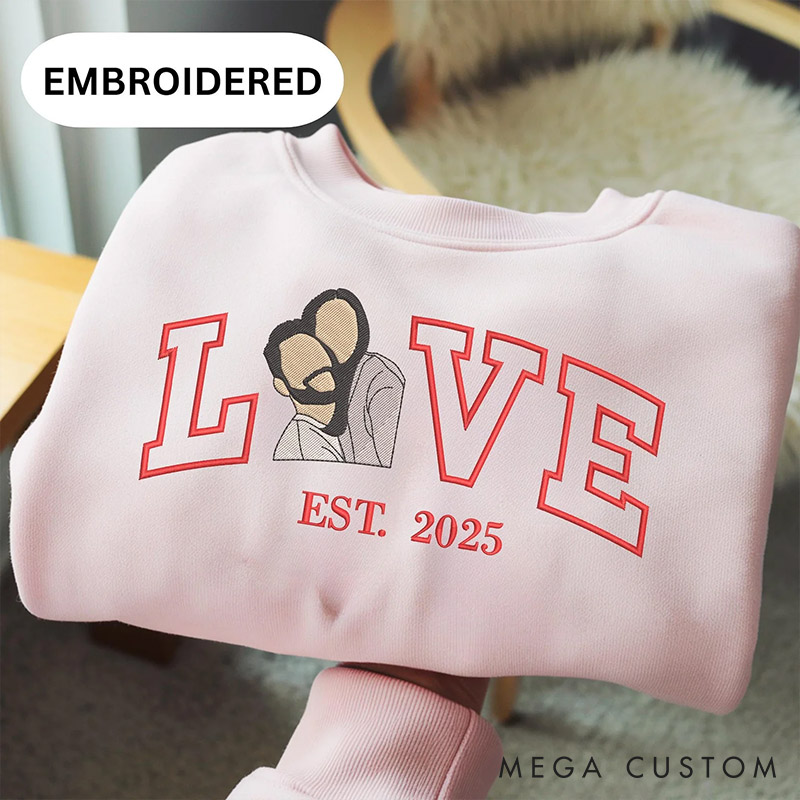 Personalized Couple Embroidered Photo Portrait Matching Sweatshirts Custom Couple LOVE Hoodie with Text Valentine's Day Gift Anniversary Gift
