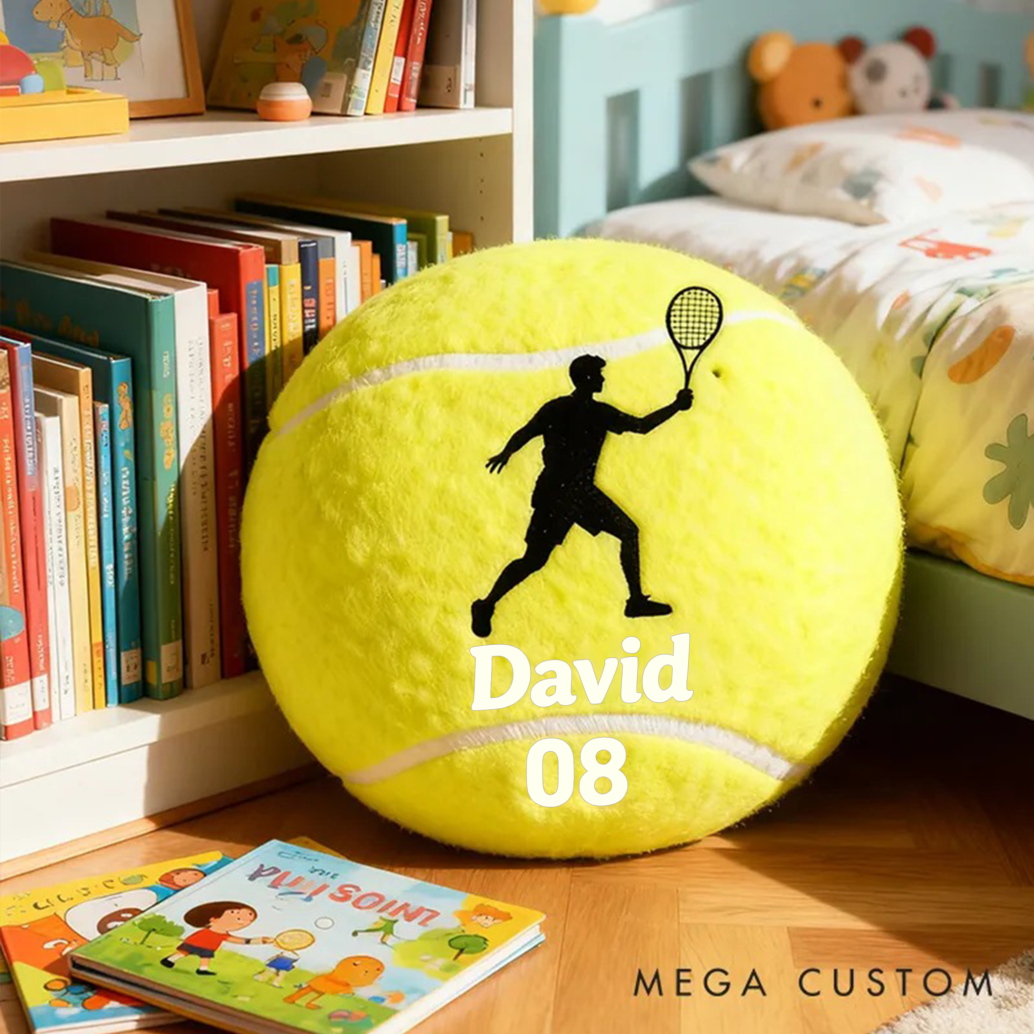 Personalized Tennis Ball Pillow with Player Graphic and Custom Details for Sports Fans