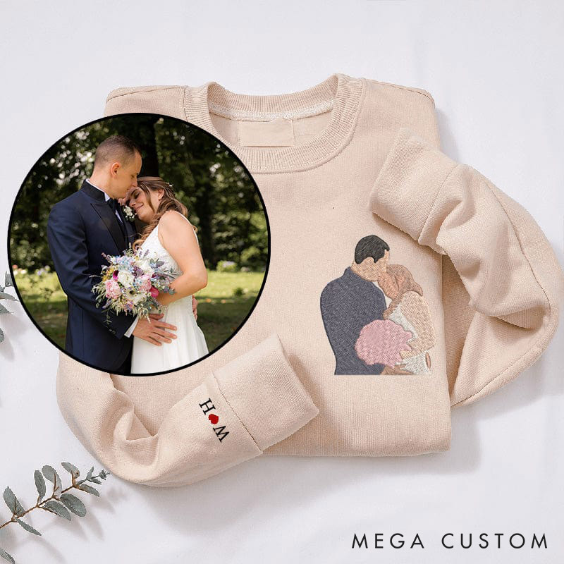 Personalized Couple Embroidered Photo Portrait Matching Sweatshirts Custom Couple Hoodies with Text Valentine's Day Gift Anniversary Gift for Him Her